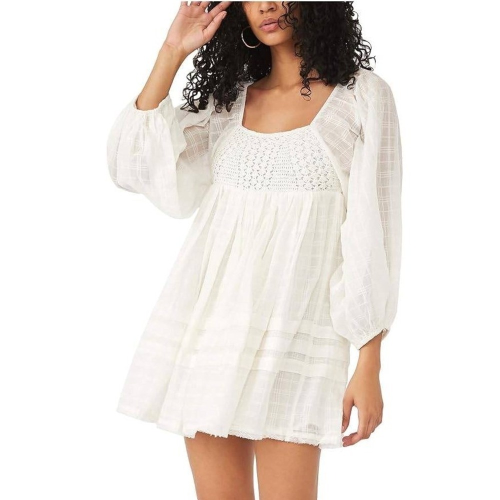 Free People Mini Dress Ari Ivory Crochet Lace Balloon Sleeve Boho Cottage Small